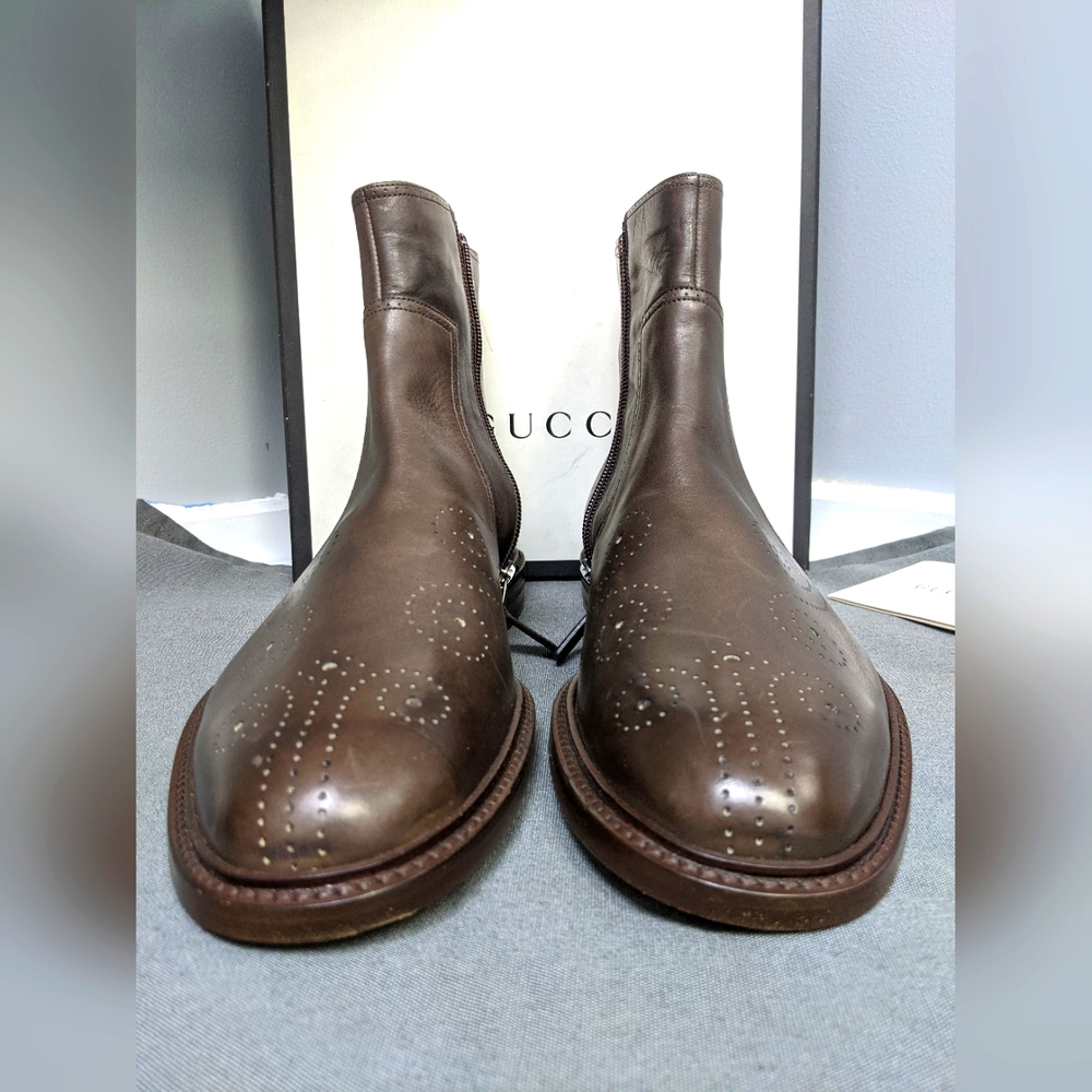 Gucci Men Brown Leather Zipper Boots #810